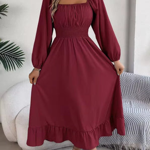 Burgundy High-Waist Midi Dress | Square Neckline & Long Sleeves