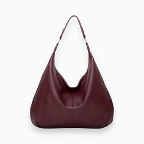 Burgundy leather hobo bag with a large slouchy design and smooth finish, shown in Style 1. The bag features a single shoulder strap and a spacious interior, suitable for everyday use.