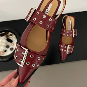 Burgundy Leather Pumps with Silver Buckle - Chic Women's Heels