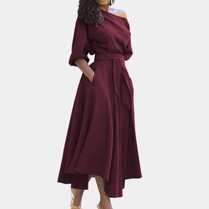 Burgundy midi wrap dress with an asymmetrical neckline and batwing sleeves, in a rich red wine color, size 3XL.