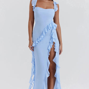 Elegant burgundy off-shoulder ruffle maxi dress made from chiffon, featuring a flowing design with ruffle detailing on the shoulder and a fitted waist, perfect for formal occasions.