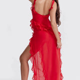 
Elegant burgundy off-shoulder ruffle maxi dress made of chiffon, featuring a flattering neckline, fitted waist, and flowing sleeves.