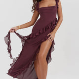 Elegant burgundy off-shoulder ruffle maxi dress made of chiffon, featuring a fitted bodice, flowing skirt, and delicate ruffle details along the neckline and sleeves.