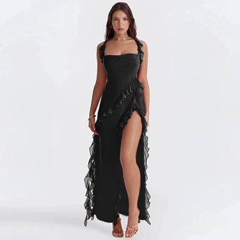 Burgundy off-shoulder ruffle maxi dress made of elegant chiffon, featuring a flowing design with a fitted waist and thigh-length draping. Suitable for formal occasions and offering a graceful, sophisticated look.