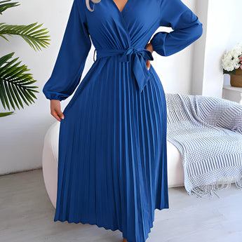 Elegant blue pleated midi wrap dress with a V-neck and tie waist, featuring short sleeves and a sophisticated design ideal for daytime occasions.