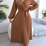 Burgundy pleated midi wrap dress with an elegant V-neckline and tie waist, shown in a coffee color in size XL, featuring long sleeves and tailored fit.