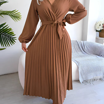 Burgundy pleated midi wrap dress with an elegant V-neckline and tie waist, shown in a coffee color in size XL, featuring long sleeves and tailored fit.