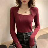 Burgundy ribbed knit top with a square neck design and long sleeves, shown in a Bordeaux color for women, size large.