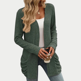 Burgundy ribbed women's long sleeve open front cardigan worn by model, showcasing the cozy knitwear design with visible sleeves and collar.