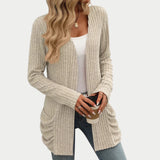 Burgundy ribbed women's long sleeve open front cardigan with a cozy knit design, featuring a soft and comfortable texture. The cardigan is shown in a beige color in size 2XL, highlighting the garment's relaxed fit and elegant drape.