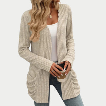 Burgundy ribbed women's long sleeve open front cardigan with a cozy knit design, featuring a soft and comfortable texture. The cardigan is shown in a beige color in size 2XL, highlighting the garment's relaxed fit and elegant drape.