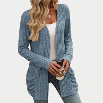 
A blue women's long sleeve open front cardigan in 2XL, featuring ribbed knit texture and shown on a mannequin displaying its comfortable fit and cozy design.