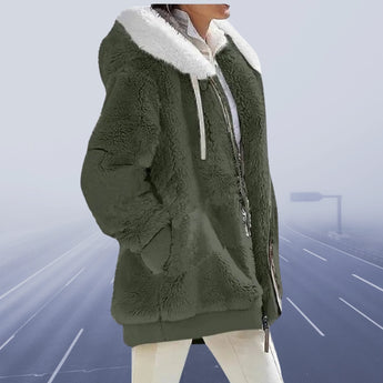 Burgundy teddy jacket with sherpa lining for women, featuring a hood and long sleeves, designed as a warm winter coat.