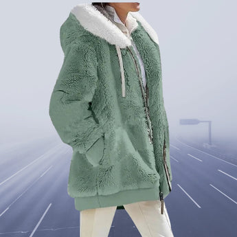 Burgundy teddy jacket with sherpa lining, featuring a hood, long sleeves, and a cozy design for women, shown in a large size.