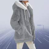 Burgundy teddy jacket with sherpa lining featuring a hood, long sleeves, and a waist-length design suitable for winter wear.