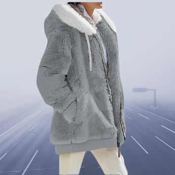 Burgundy teddy jacket with sherpa lining featuring a hood, long sleeves, and a waist-length design suitable for winter wear.
