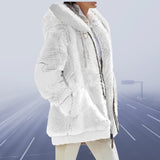 Burgundy teddy jacket with sherpa lining for women featuring a hood, soft texture, and cozy design, ideal for winter wear.