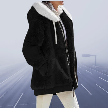 Burgundy women's teddy jacket with sherpa lining featuring a hood, long sleeves, and a cozy design suitable for winter.
