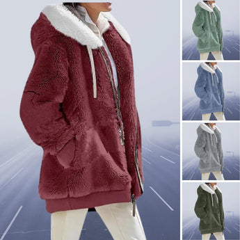 Burgundy teddy jacket with sherpa lining and a hood, women's winter coat showcasing plush, cozy texture and rich color.