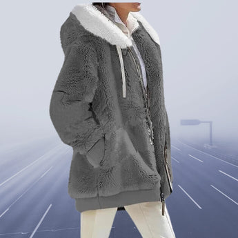 Burgundy teddy jacket with Sherpa lining for women, featuring a hood, long sleeves, and a cozy design ideal for winter wear. The jacket is shown in a dark gray color variant, highlighting its plush texture and stylish fit.
