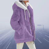Burgundy teddy jacket with sherpa lining, featuring a hood and long sleeves, designed as a women's winter coat in a rich purple hue.