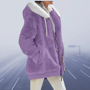 Burgundy teddy jacket with sherpa lining, featuring a hood and long sleeves, designed as a women's winter coat in a rich purple hue.