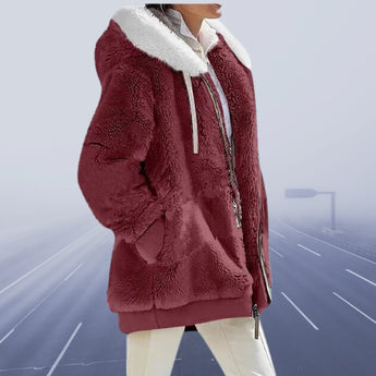 Women's burgundy teddy jacket with sherpa lining, featuring a hood and full sleeves.