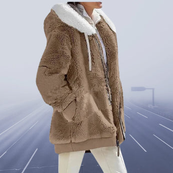 Burgundy teddy jacket with sherpa lining, featuring a hood and long sleeves, designed as a warm women's winter coat.
