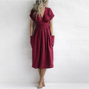 Burgundy V-neck wrap linen midi dress in size 3XL, featuring short sleeves, a defined waist, and pockets, suitable for daytime wear with a knee-length hem.