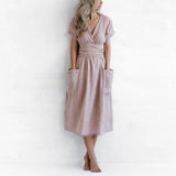 Burgundy V-neck wrap linen midi dress with pockets in rose color, size 3XL, featuring short sleeves, a defined waist, and a knee-length hemline.