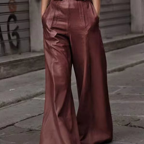 Burgundy Wide-Leg Leather Pants - Women's High-Waisted Autumn Fashion