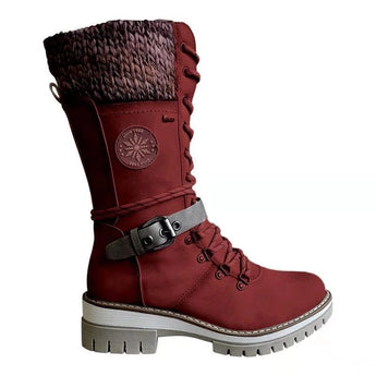 Burgundy women's combat boots with chunky soles and quilted panels, shown in a red color, size 41. The boots are ankle-high with a sturdy construction, ideal for a stylish and durable wear.