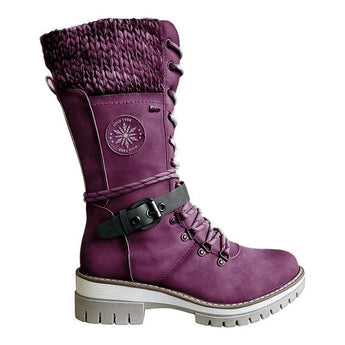Burgundy women's combat boots with chunky sole and quilted panels in a vibrant purple color, size 41.