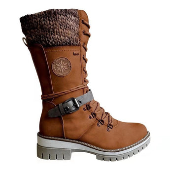 Burgundy women's combat boots with chunky sole and quilted panels, displayed in brown color, size 41.