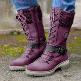 Burgundy women's combat boots with chunky soles and quilted panels, featuring a bold and stylish design.