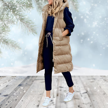 Burgundy women's long puffer coat with detachable hood in a khaki color, size 3XL, being worn by a person outdoors. The coat features long sleeves, a spacious fit around the waist and thighs, and a stylish trench coat design.