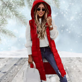Burgundy women's long puffer coat with detachable hood, shown in red, size 3XL, worn by a model who accessorizes with glasses.