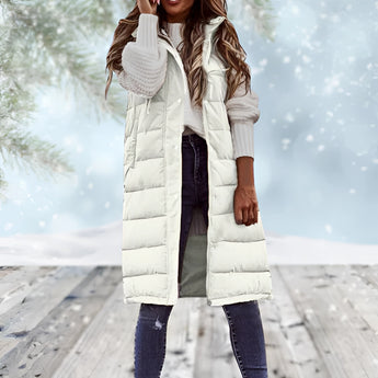 Burgundy women's long puffer coat with detachable hood, featuring a full-length design with a fitted waist and long sleeves, suitable for winter outerwear in size 3XL.