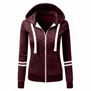 Burgundy Women's Slim Fit Zip-Up Hoodie with Striped Cuffs