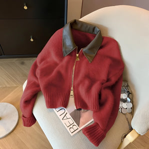 Women's burgundy wool bomber jacket in size 2XL, featuring a leather collar, long sleeves, and autumn fashion design elements.