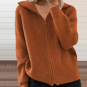 Burnt Orange Ribbed Cardigan Hoodie - Women's Casual Autumn Sweater