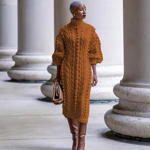 Burnt Orange Turtleneck Cable-Knit Sweater Dress - Women's Winter Fashion