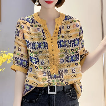 Vibrant yellow butterfly print bohemian V-neck batwing blouse for women, featuring loose sleeves and a flowing silhouette, size 4XL.