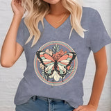Gray 3XL butterfly print V-neck T-shirt for women, styled with casual summer attire.