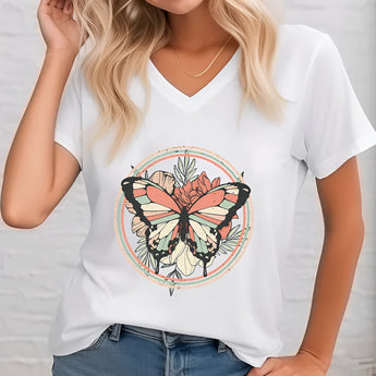White V-neck T-shirt with butterfly print modeled by a woman, showcasing the casual summer top in size 3XL. The focus is on the upper body, highlighting the neckline and short sleeves.