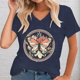 Blue Butterfly Print V-Neck T-Shirt for women in size 3XL, featuring short sleeves and casual summer style.