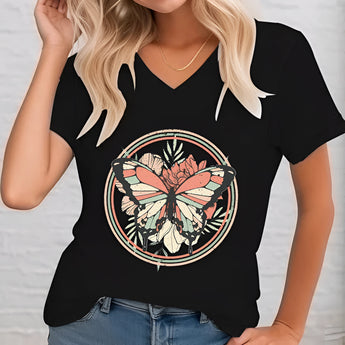 Butterfly Print V-Neck T-Shirt for women in Nero color, size 3XL, featuring short sleeves and casual summer design.