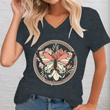 Women's casual summer top in dark gray featuring a butterfly print, styled with a V-neck and shown in size 3XL.