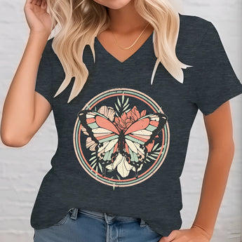 Women's casual summer top in dark gray featuring a butterfly print, styled with a V-neck and shown in size 3XL.