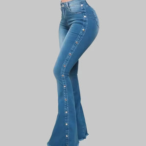 Button-Side Flared Jeans - Stylish Boho Chic High-Waisted Denim